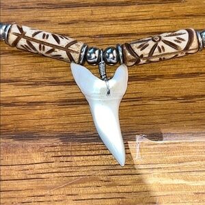 Hawaiian Handcrafted Shark Tooth (Mako) Necklace with Tribal Beads approx. 10”